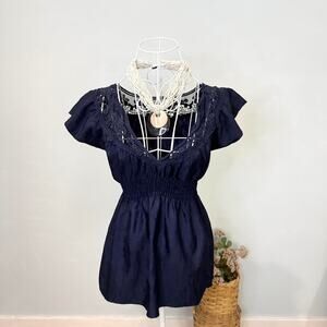 Vintage y2k navy blue fitted babydoll peplum blouse top